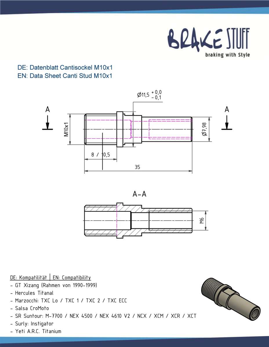 Canti Studs / Brake Bosses in size M10x1 for VBrakes BrakeStuff